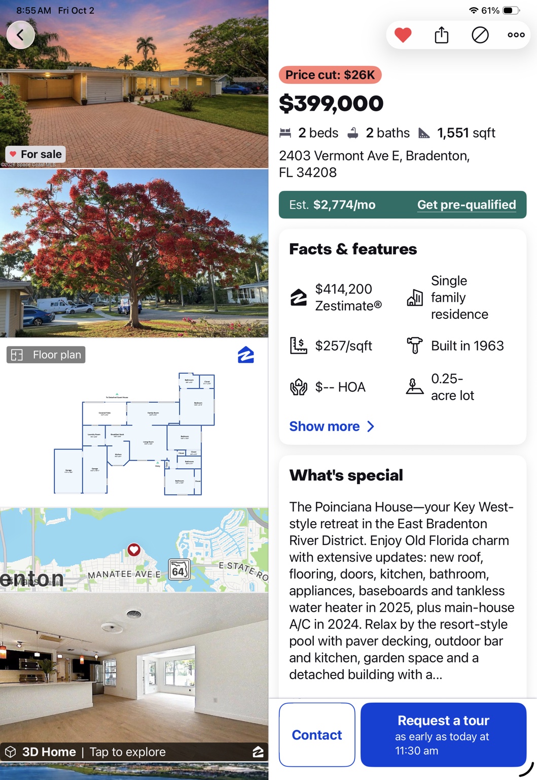 Zillow listing for 2403 Vermont Avenue East showing a $399,000 asking price, 2 beds, 2 baths and 1,551 square feet
