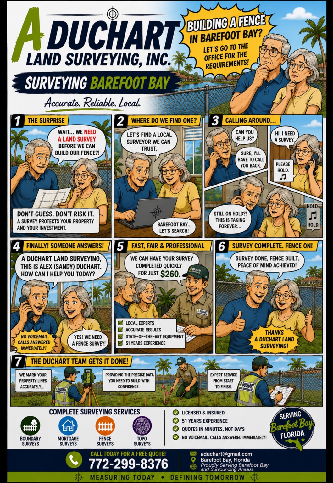 A Duchart Land Surveying flyer showing the steps to getting a fence survey in Barefoot Bay. Call 772-299-8376.