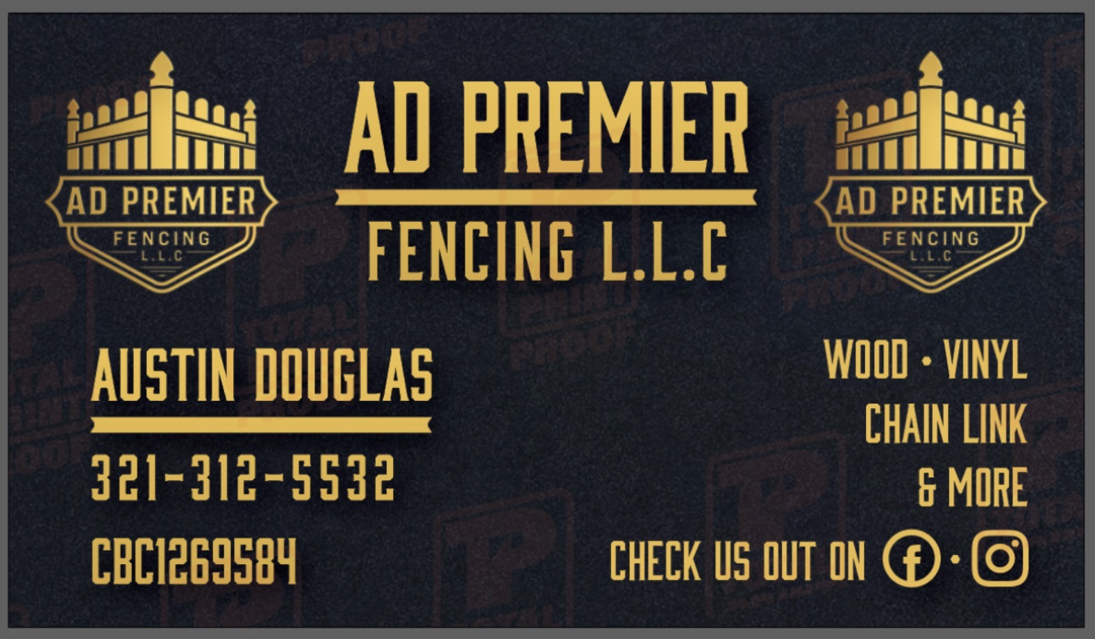 AD Premier Fencing business card: Austin Douglas, 321-312-5532, wood, vinyl, chain link and more