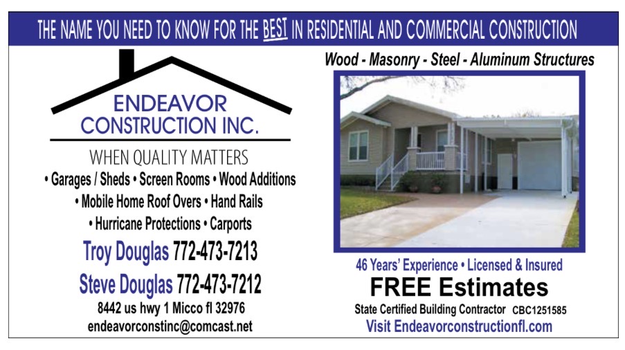 Endeavor Construction Inc. flyer with construction services and contact details for Troy and Steve Douglas