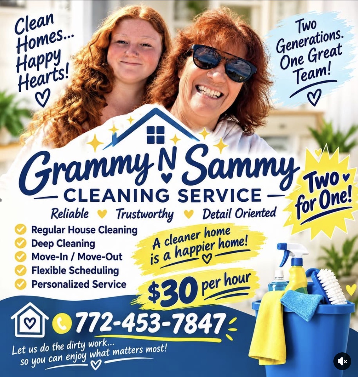 Grammy N Sammy Cleaning Service flyer: regular house cleaning, deep cleaning, move-in and move-out cleaning. $30 per hour. Call 772-453-7847.