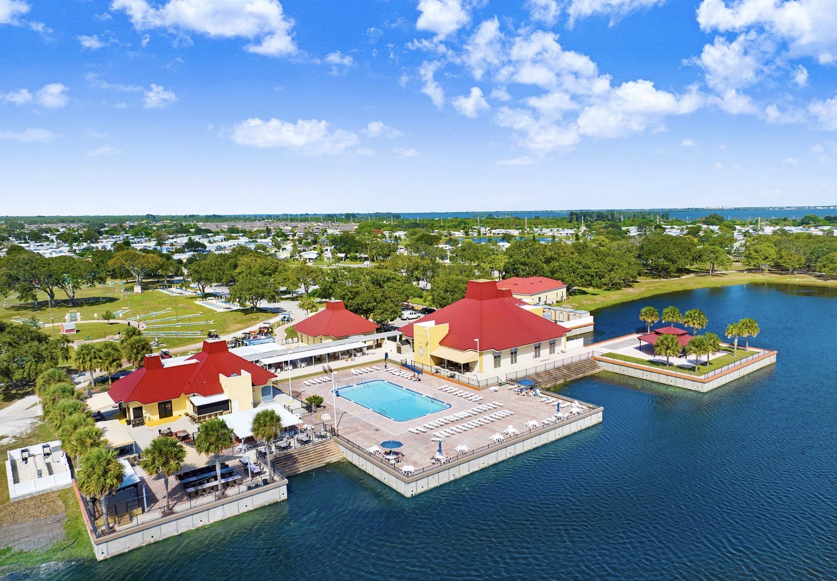 Aerial view of Barefoot Bay recreation center and pool