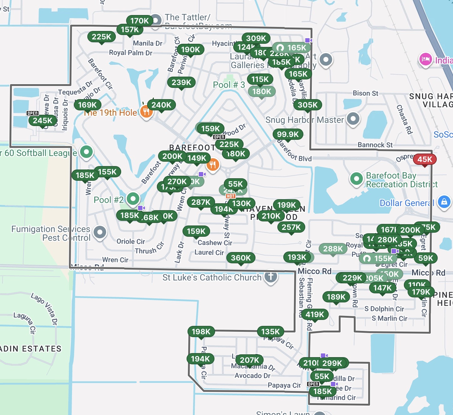Redfin map of Barefoot Bay listings on October 24, 2026