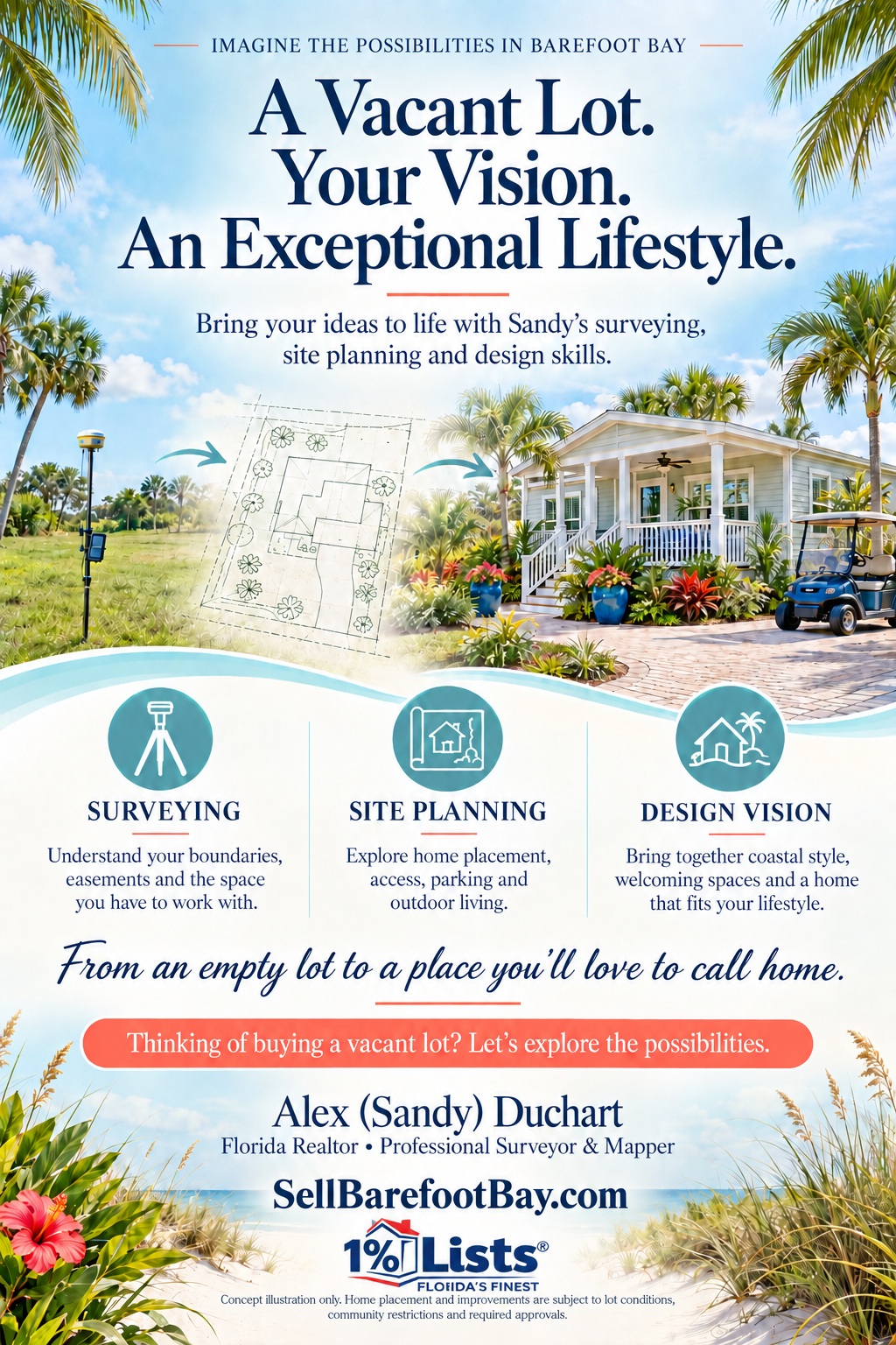 Vacant lot to coastal home concept flyer